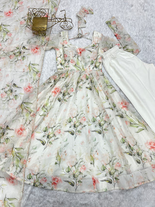 White Elegant Summer Wedding Anarkali Set in Pure Organza Silk with Dupatta
