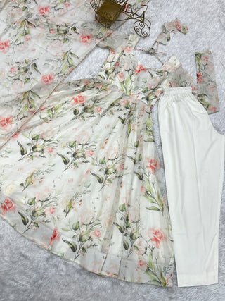 White Elegant Summer Wedding Anarkali Set in Pure Organza Silk with Dupatta