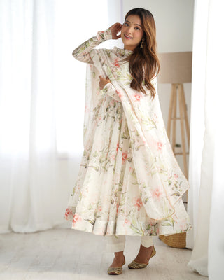 White Elegant Summer Wedding Anarkali Set in Pure Organza Silk with Dupatta
