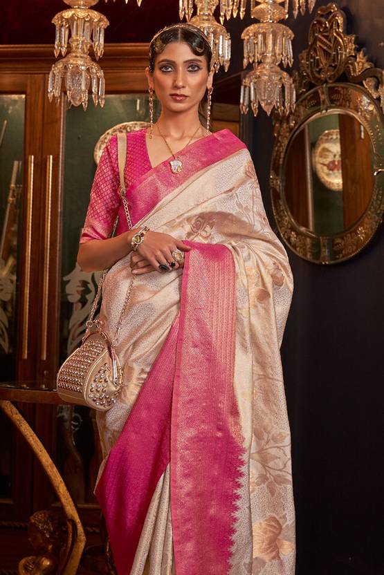 White Elegant Tanchoi Woven Banarasi Silk Blend Saree with Blouse Piece ClothsVilla