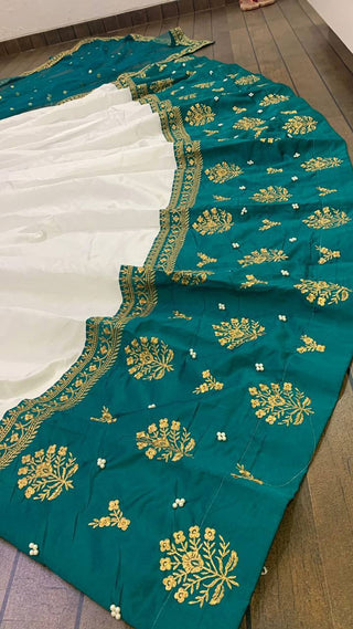 White Elegant Tapeta Silk Lehenga with Pearl & Embroidery Work ClothsVilla