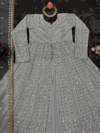White Elegant Thread & Sequin Work Lehenga Choli Set ClothsVilla