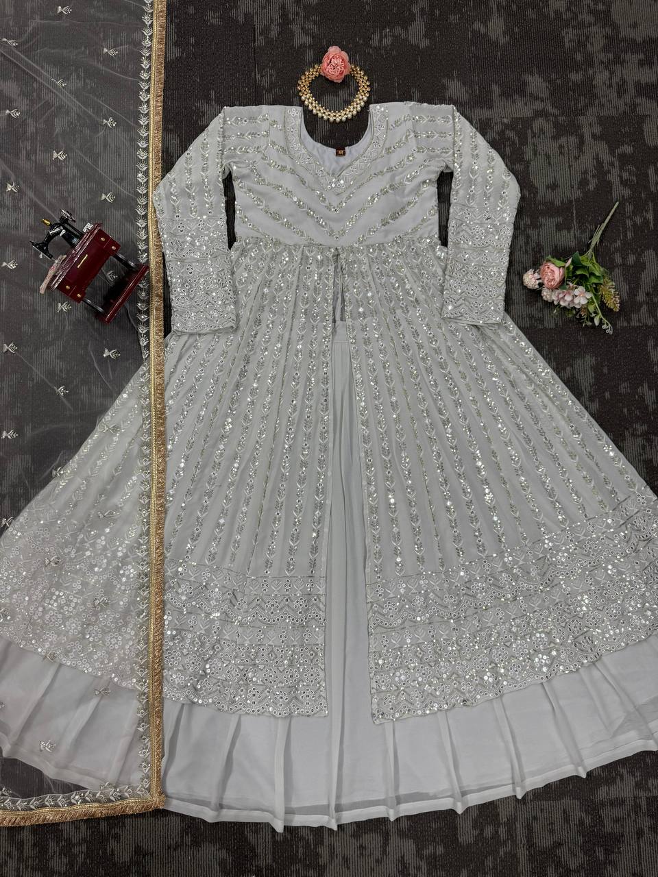 White Elegant Thread & Sequin Work Lehenga Choli Set ClothsVilla