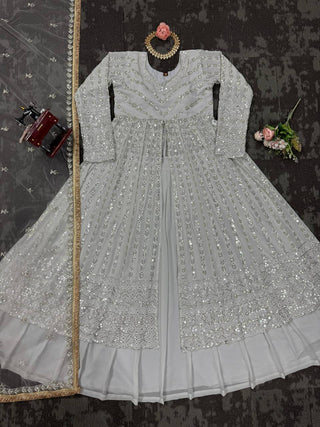 White Elegant Thread & Sequin Work Lehenga Choli Set ClothsVilla