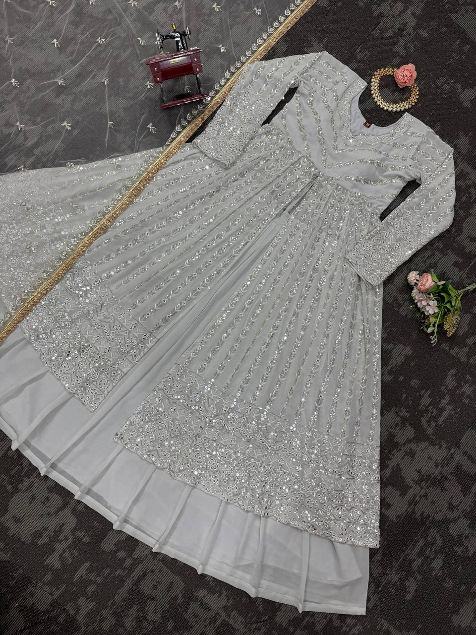 White Elegant Thread & Sequin Work Lehenga Choli Set ClothsVilla
