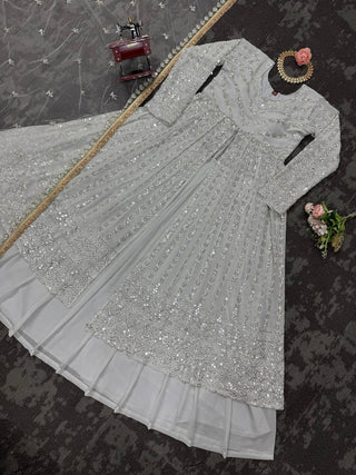 White Elegant Thread & Sequin Work Lehenga Choli Set ClothsVilla