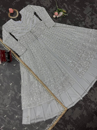 White Elegant Thread & Sequin Work Lehenga Choli Set ClothsVilla