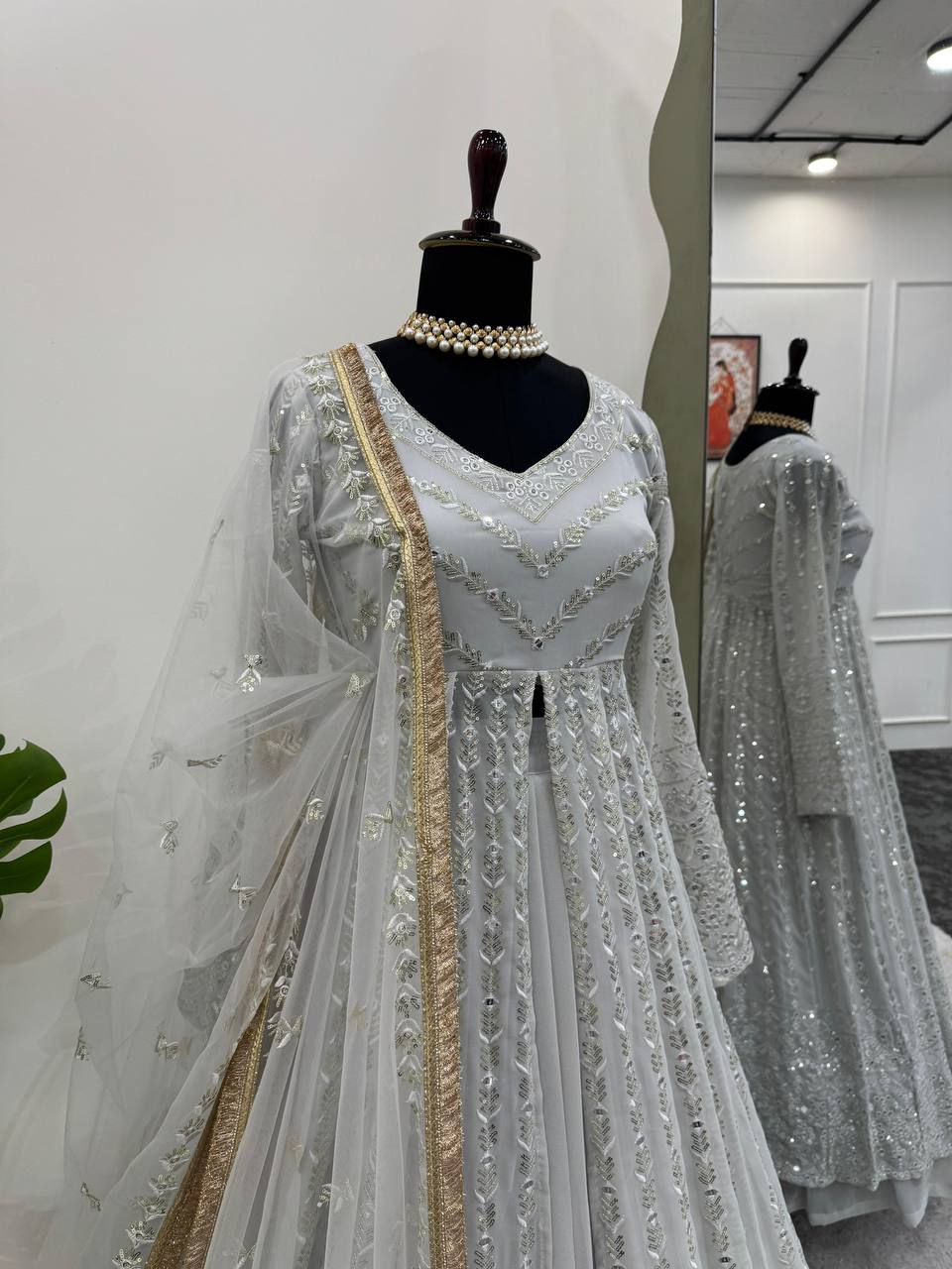 White Elegant Thread & Sequin Work Lehenga Choli Set ClothsVilla