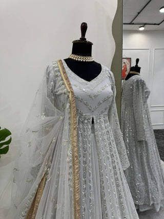 White Elegant Thread & Sequin Work Lehenga Choli Set ClothsVilla
