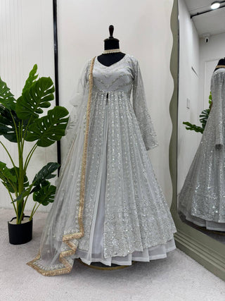 White Elegant Thread & Sequin Work Lehenga Choli Set ClothsVilla
