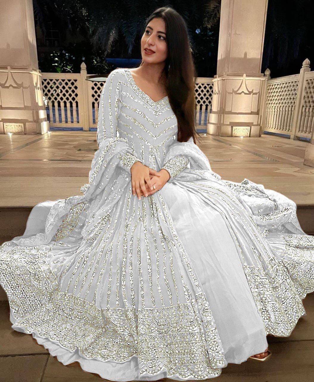 White Elegant Thread & Sequin Work Lehenga Choli Set ClothsVilla