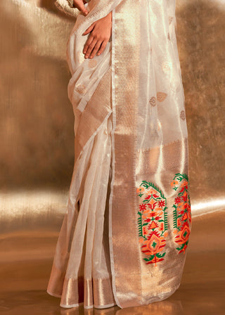 White Elegant Tissue Paithani Silk Saree with Designer Border & Embroidered Pallu ClothsVilla