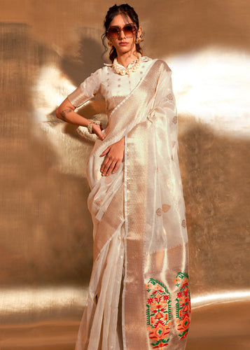 White Elegant Tissue Paithani Silk Saree with Designer Border & Embroidered Pallu ClothsVilla