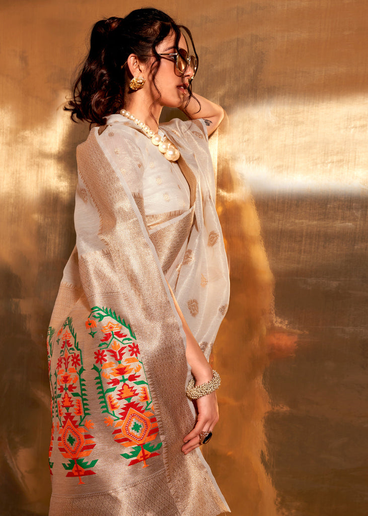 White Elegant Tissue Paithani Silk Saree with Designer Border & Embroidered Pallu ClothsVilla