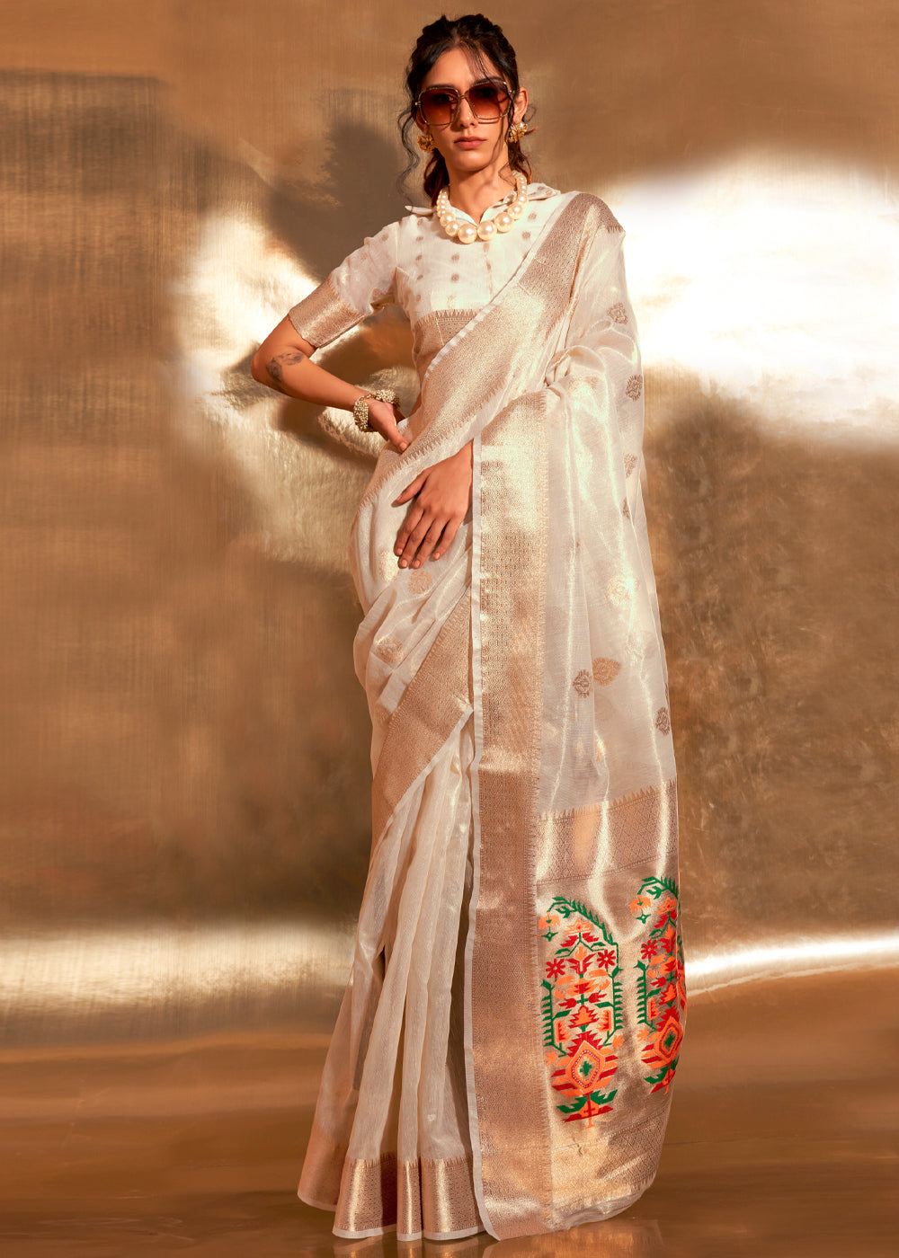 White Elegant Tissue Paithani Silk Saree with Designer Border & Embroidered Pallu ClothsVilla