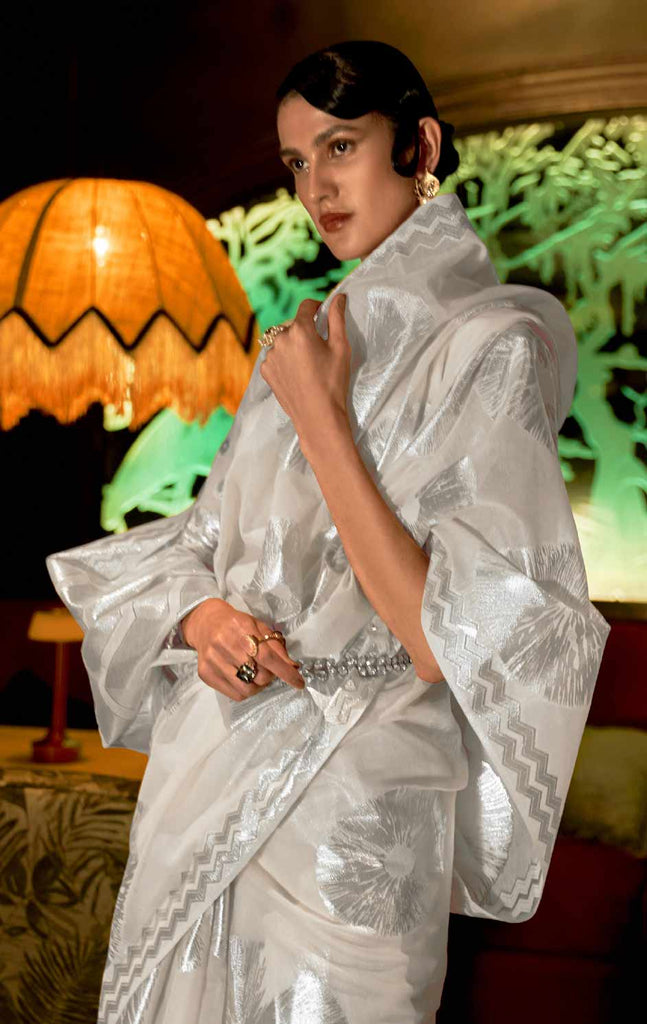 White Elora Fashion Banarasi Silk Unstitched Saree with Designer Border ClothsVilla