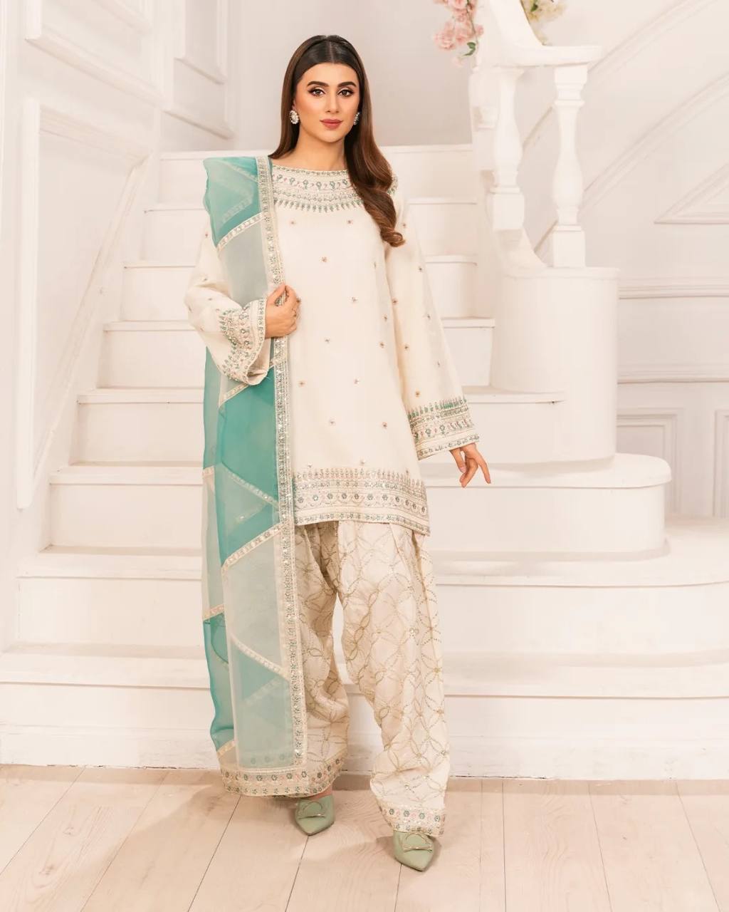 White Embroidered Crepe Kurti with Farshi Plazzo & Organza Dupatta Full Stitched Designer Set with 5mm Sequin & Diamond Handwork ClothsVilla Main image