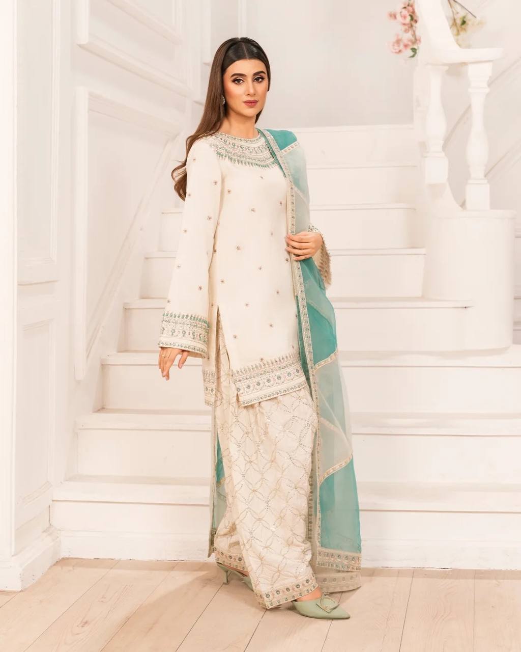 White Embroidered Crepe Kurti with Farshi Plazzo & Organza Dupatta Full Stitched Designer Set with 5mm Sequin & Diamond Handwork ClothsVilla