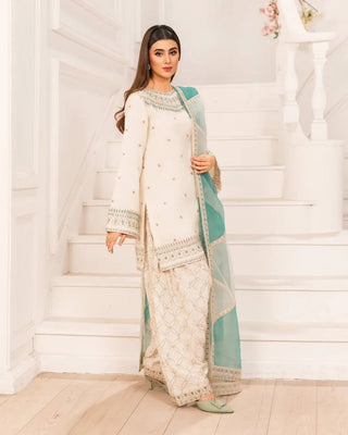 White Embroidered Crepe Kurti with Farshi Plazzo & Organza Dupatta Full Stitched Designer Set with 5mm Sequin & Diamond Handwork ClothsVilla