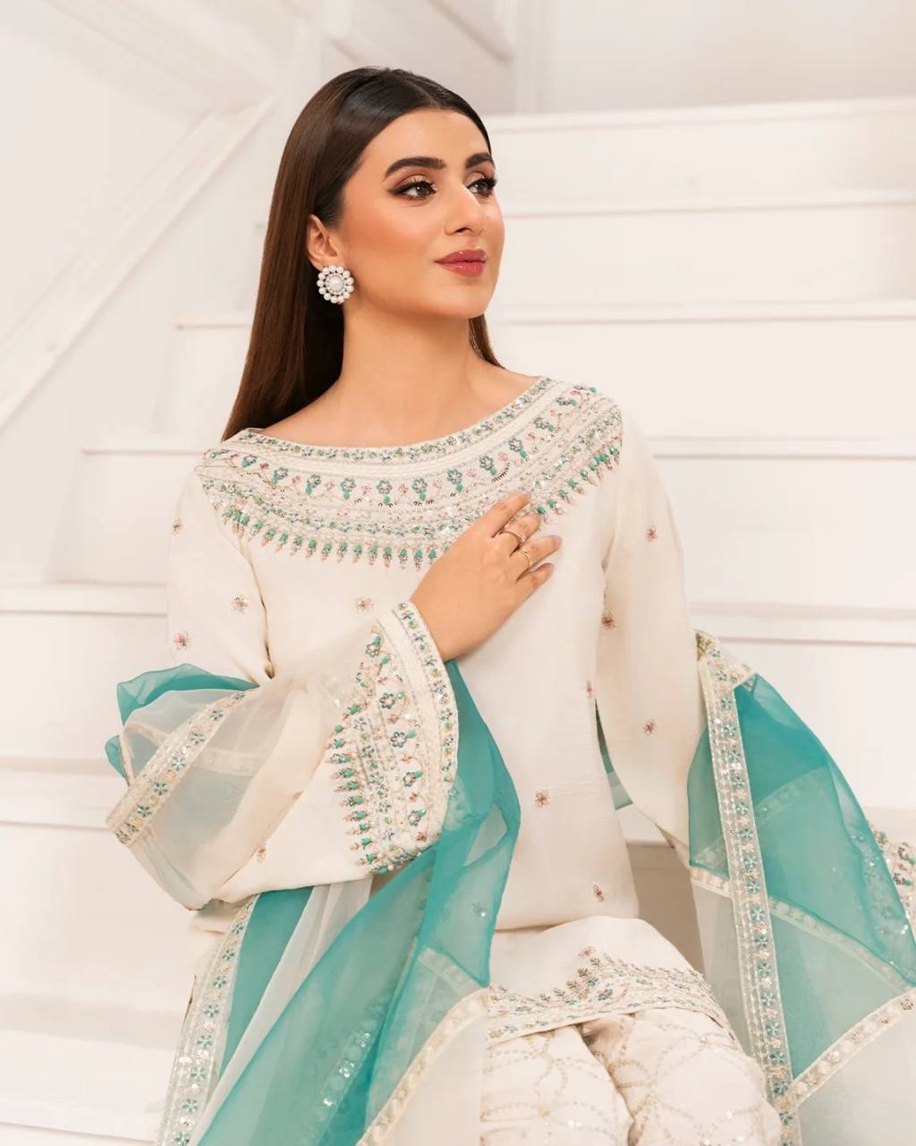 White Embroidered Crepe Kurti with Farshi Plazzo & Organza Dupatta Full Stitched Designer Set with 5mm Sequin & Diamond Handwork ClothsVilla