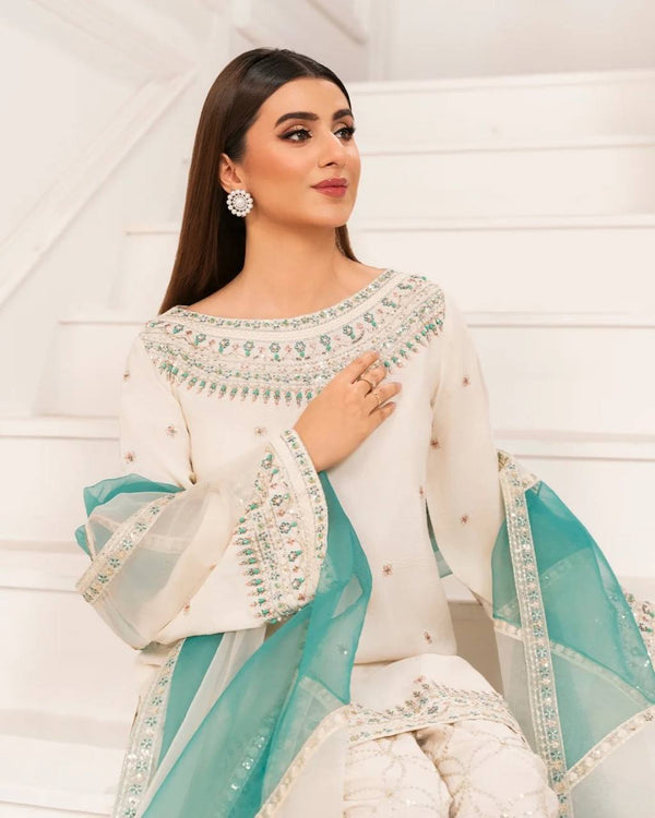 White Embroidered Crepe Kurti with Farshi Plazzo & Organza Dupatta Full Stitched Designer Set with 5mm Sequin & Diamond Handwork ClothsVilla