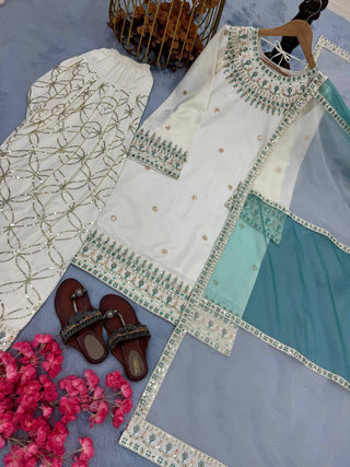 White Embroidered Crepe Kurti with Farshi Plazzo & Organza Dupatta Full Stitched Designer Set with 5mm Sequin & Diamond Handwork ClothsVilla