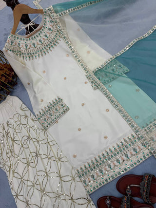White Embroidered Crepe Kurti with Farshi Plazzo & Organza Dupatta Full Stitched Designer Set with 5mm Sequin & Diamond Handwork ClothsVilla