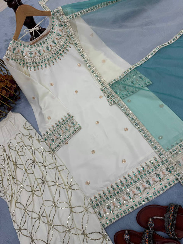 White Embroidered Crepe Kurti with Farshi Plazzo & Organza Dupatta Full Stitched Designer Set with 5mm Sequin & Diamond Handwork ClothsVilla