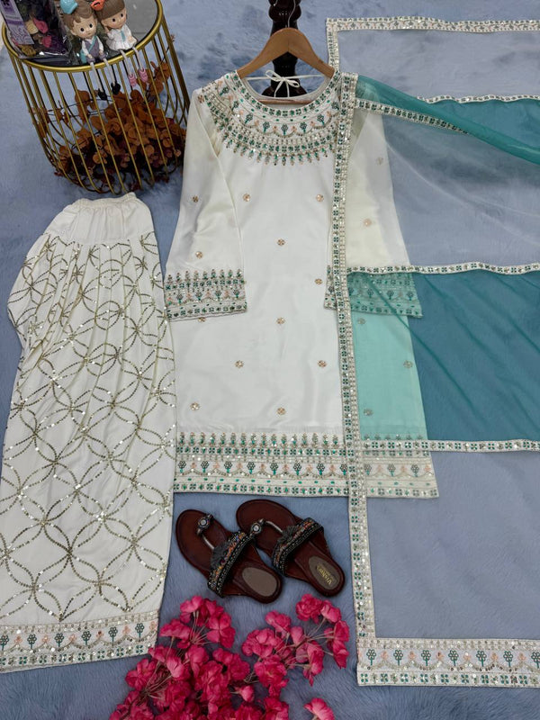 White Embroidered Crepe Kurti with Farshi Plazzo & Organza Dupatta Full Stitched Designer Set with 5mm Sequin & Diamond Handwork ClothsVilla