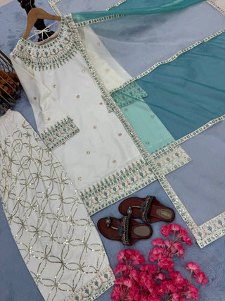 White Embroidered Crepe Kurti with Farshi Plazzo & Organza Dupatta Full Stitched Designer Set with 5mm Sequin & Diamond Handwork ClothsVilla
