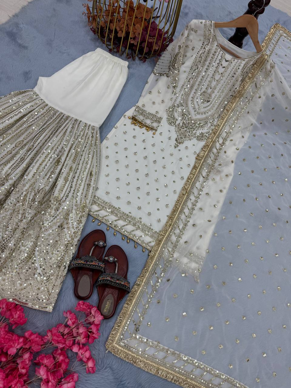 White Embroidered Faux Georgette Plazzo Set with Sequins Work & Lace Dupatta ClothsVilla