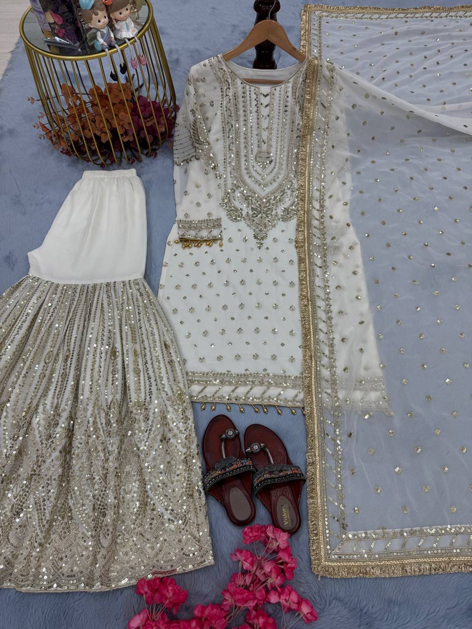 White Embroidered Faux Georgette Plazzo Set with Sequins Work & Lace Dupatta ClothsVilla Main image