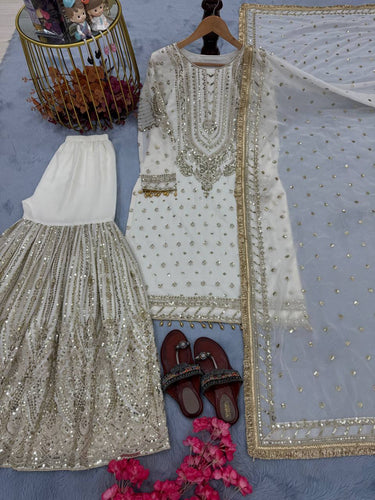 White Embroidered Faux Georgette Plazzo Set with Sequins Work & Lace Dupatta ClothsVilla
