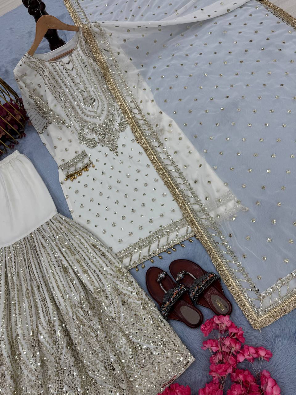 White Embroidered Faux Georgette Plazzo Set with Sequins Work & Lace Dupatta Secondary image