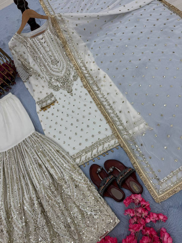 White Embroidered Faux Georgette Plazzo Set with Sequins Work & Lace Dupatta ClothsVilla