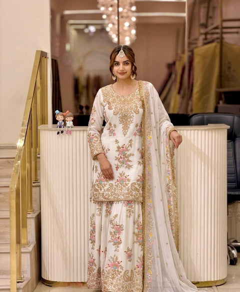White Embroidered Palazzo Suit ClothsVilla Main image