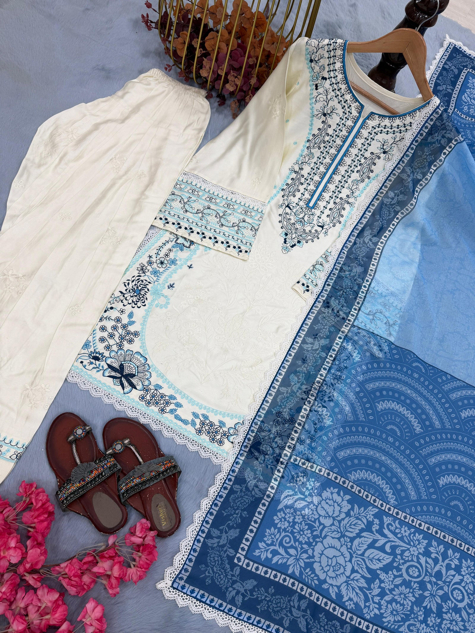 White Embroidered Satin Farshi Palazzo Set ClothsVilla