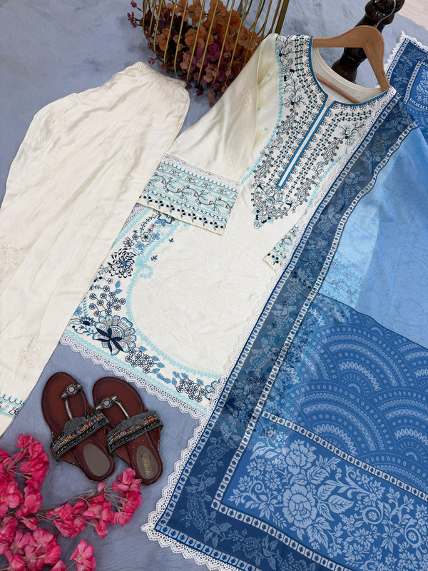 White Embroidered Satin Farshi Palazzo Set ClothsVilla