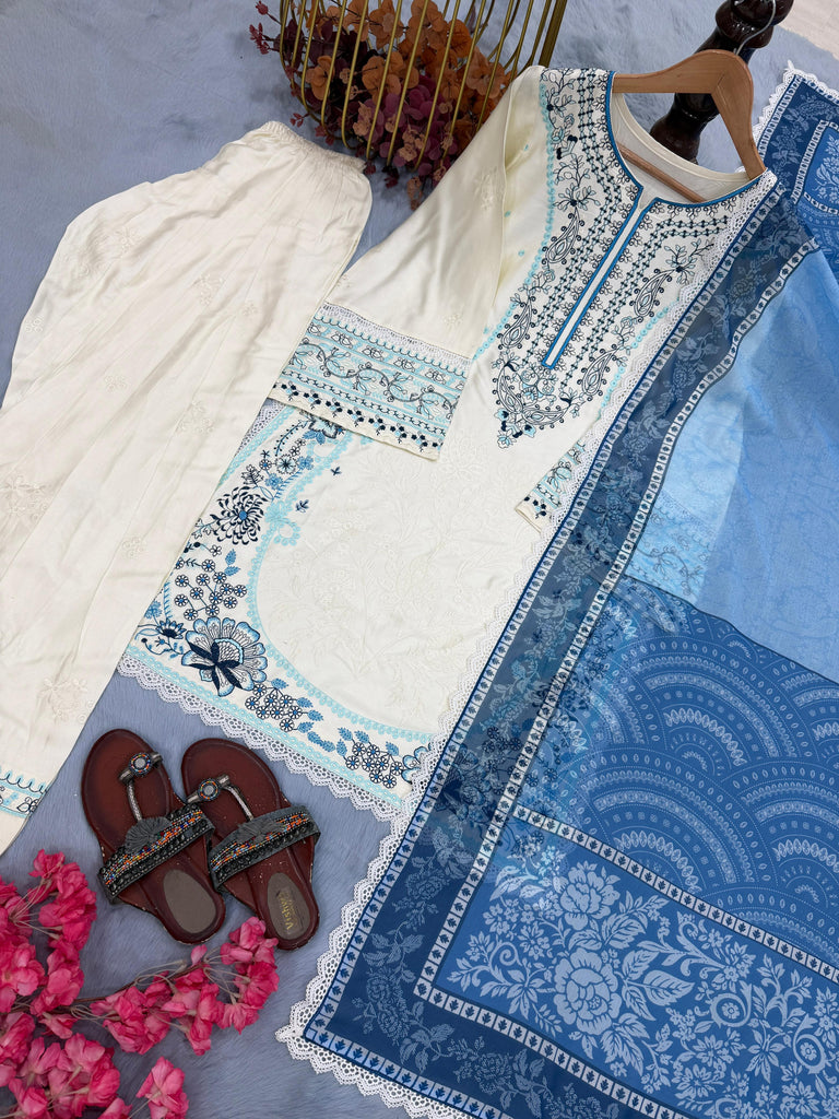 White Embroidered Satin Farshi Palazzo Set ClothsVilla