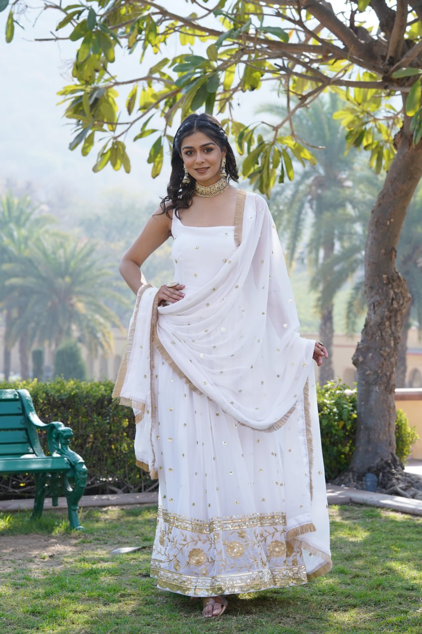 Luxury White Embroidered Sequin Gown with Designer Dupatta ClothsVilla
