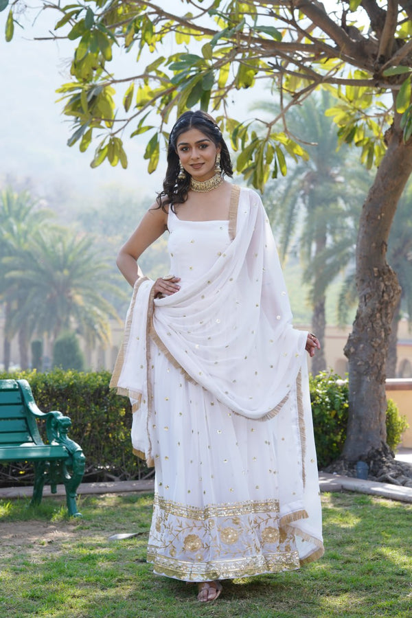 Luxury White Embroidered Sequin Gown with Designer Dupatta ClothsVilla