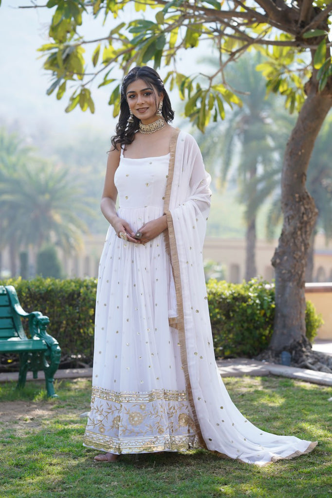 Luxury White Embroidered Sequin Gown with Designer Dupatta ClothsVilla
