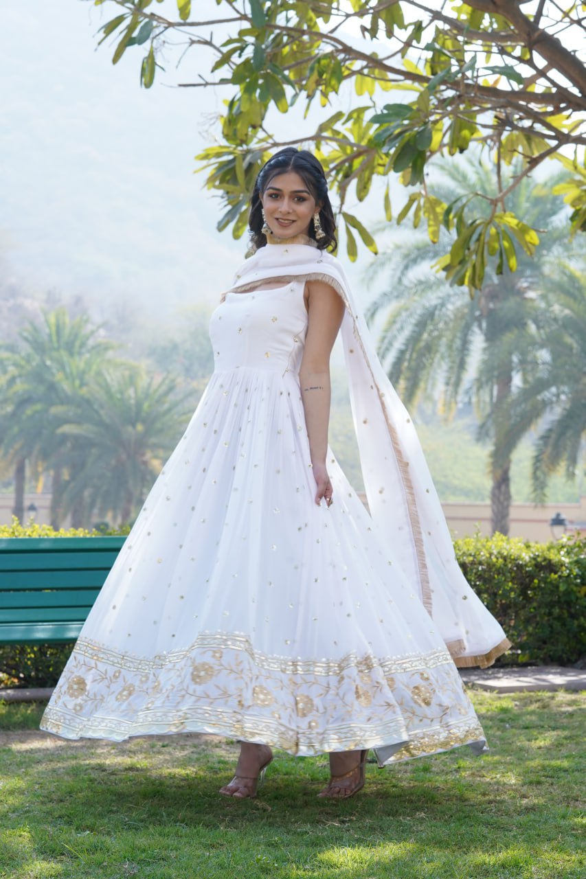 Luxury White Embroidered Sequin Gown with Designer Dupatta ClothsVilla
