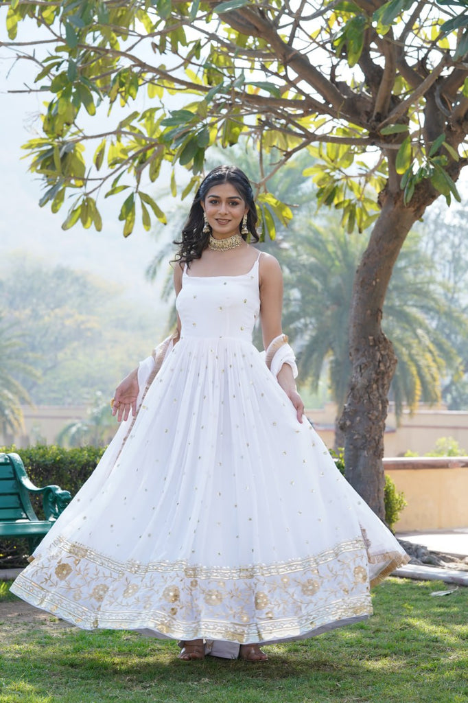 Luxury White Embroidered Sequin Gown with Designer Dupatta ClothsVilla