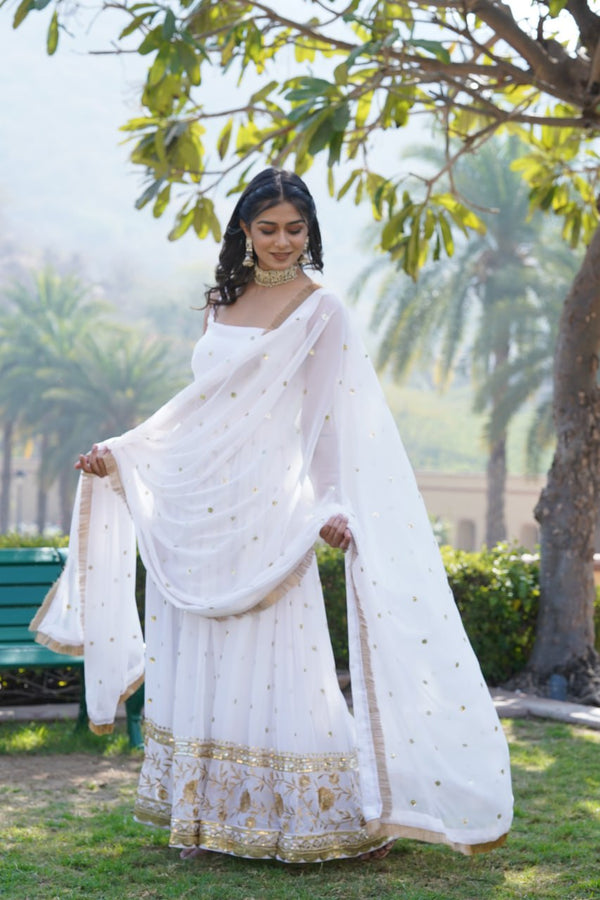 Luxury White Embroidered Sequin Gown with Designer Dupatta ClothsVilla