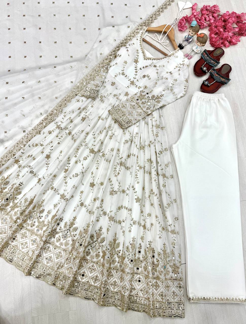 White Embroidery Silk Anarkali Gown ClothsVilla