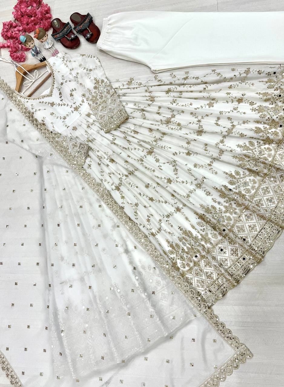 White Embroidery Silk Anarkali Gown ClothsVilla