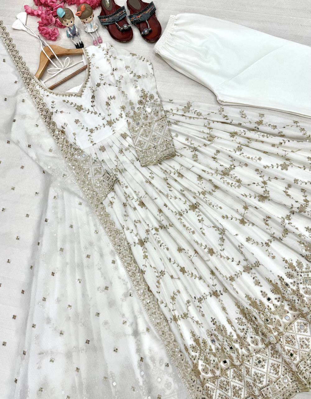 White Embroidery Silk Anarkali Gown ClothsVilla