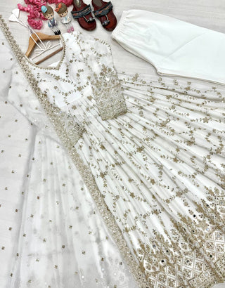 White Embroidery Silk Anarkali Gown ClothsVilla