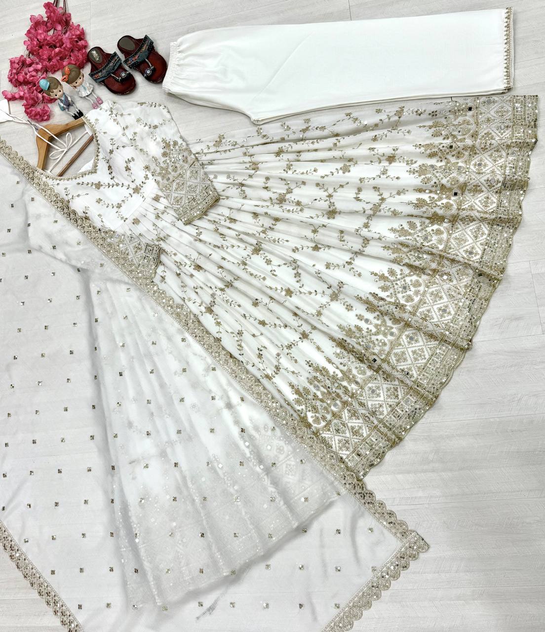 White Embroidery Silk Anarkali Gown ClothsVilla